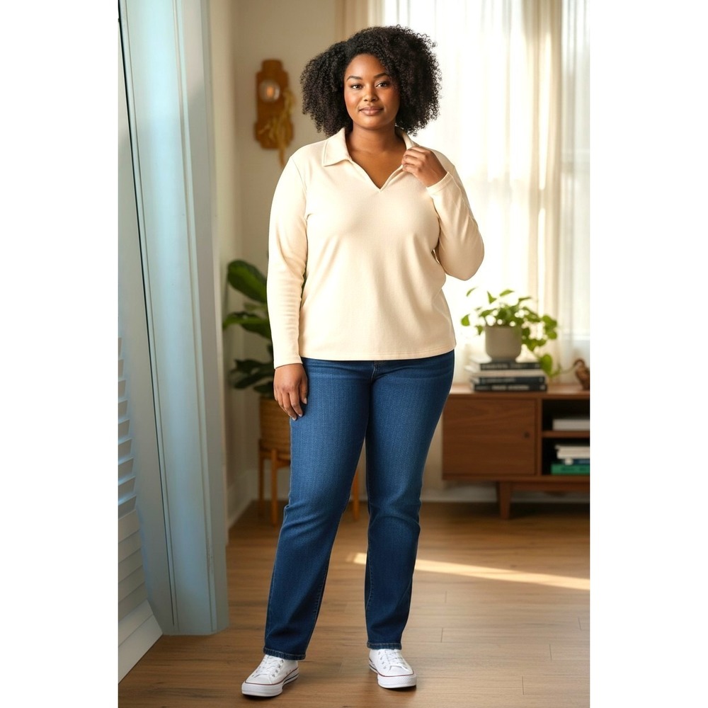 (F-166)Denim & Co Essentials Heavenly Jersey Collared Top Beige L NWT QVC Soft